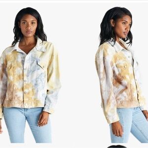 Etica June Oversized Trucker Jean Jacket in Botanical print white blue yellow